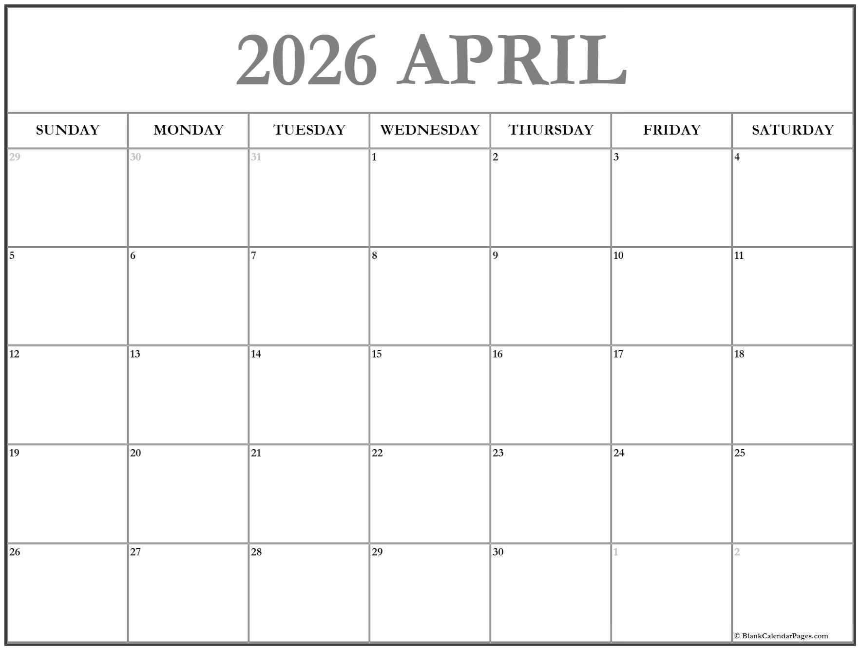 April 2026 Calendar Free Printable Calendars