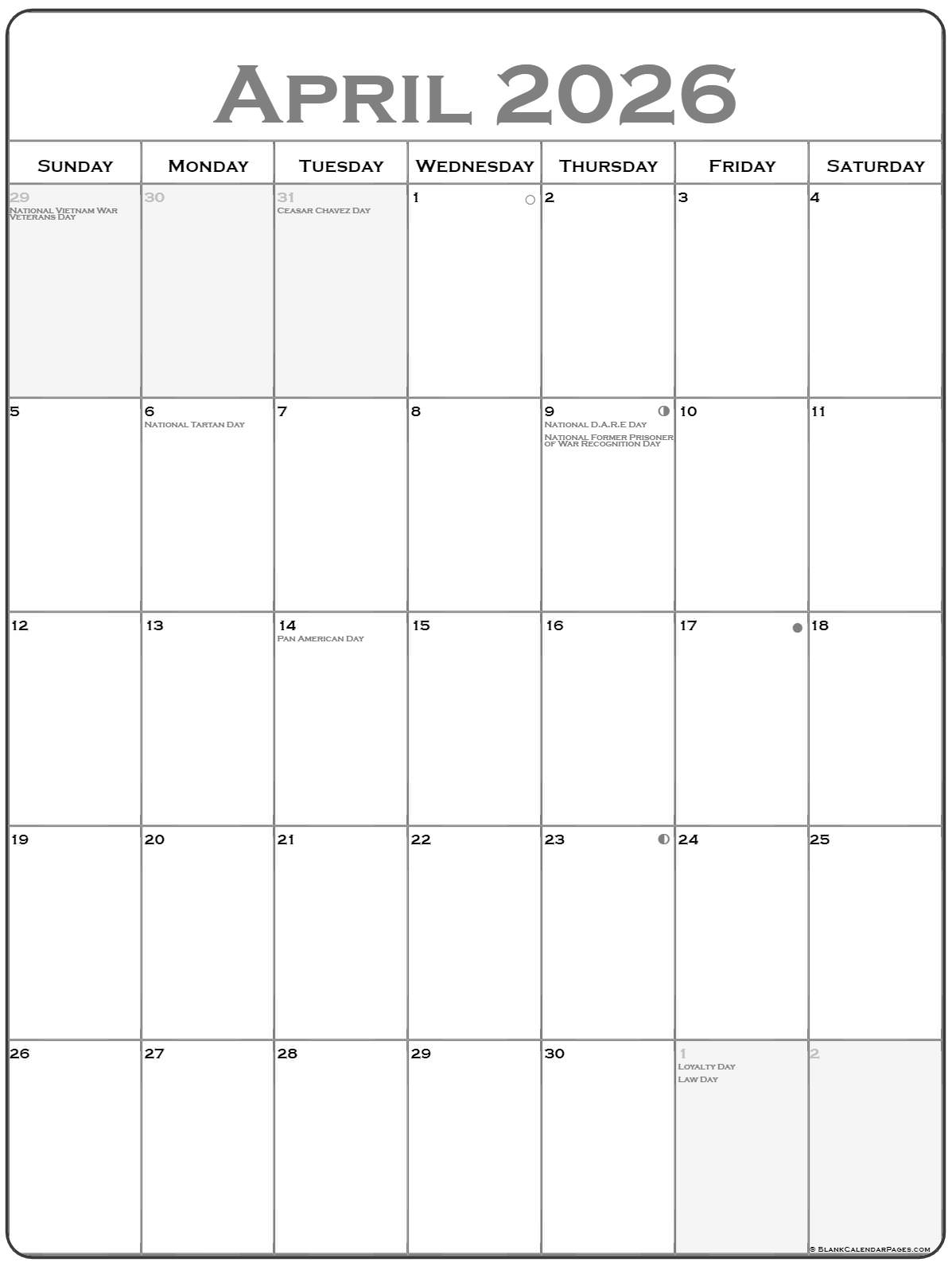 April 2026 Vertical Calendar Portrait