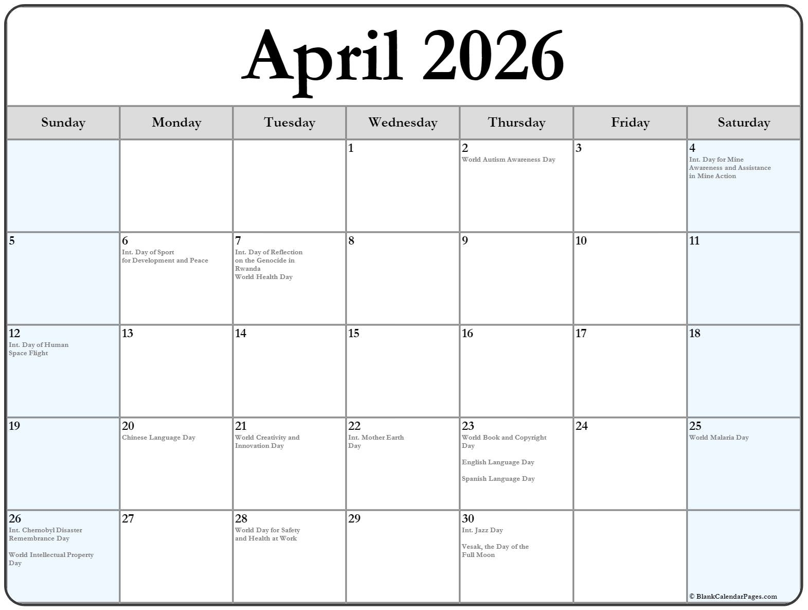 April 2026 With Holidays Calendar