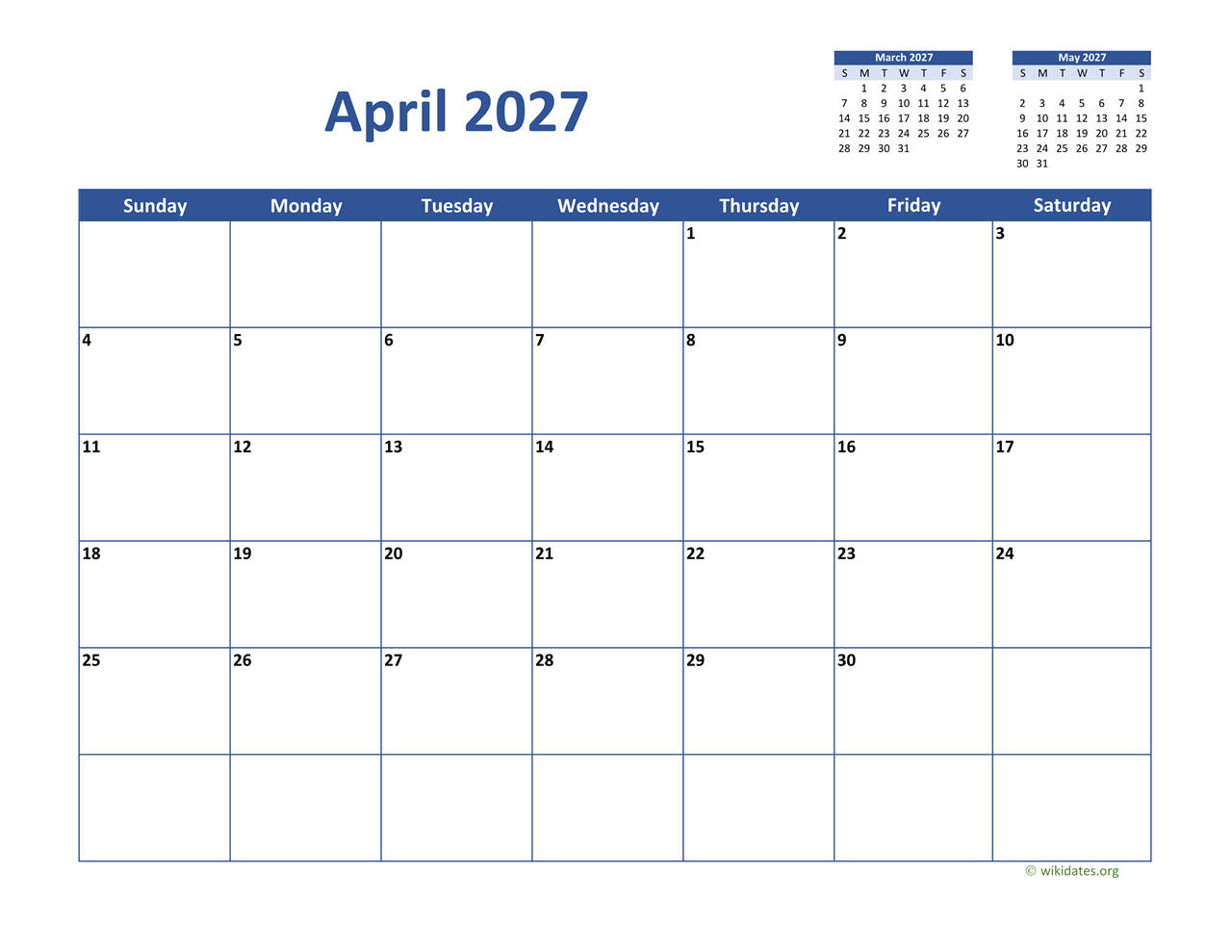 April 2027 Calendar Classic WikiDates