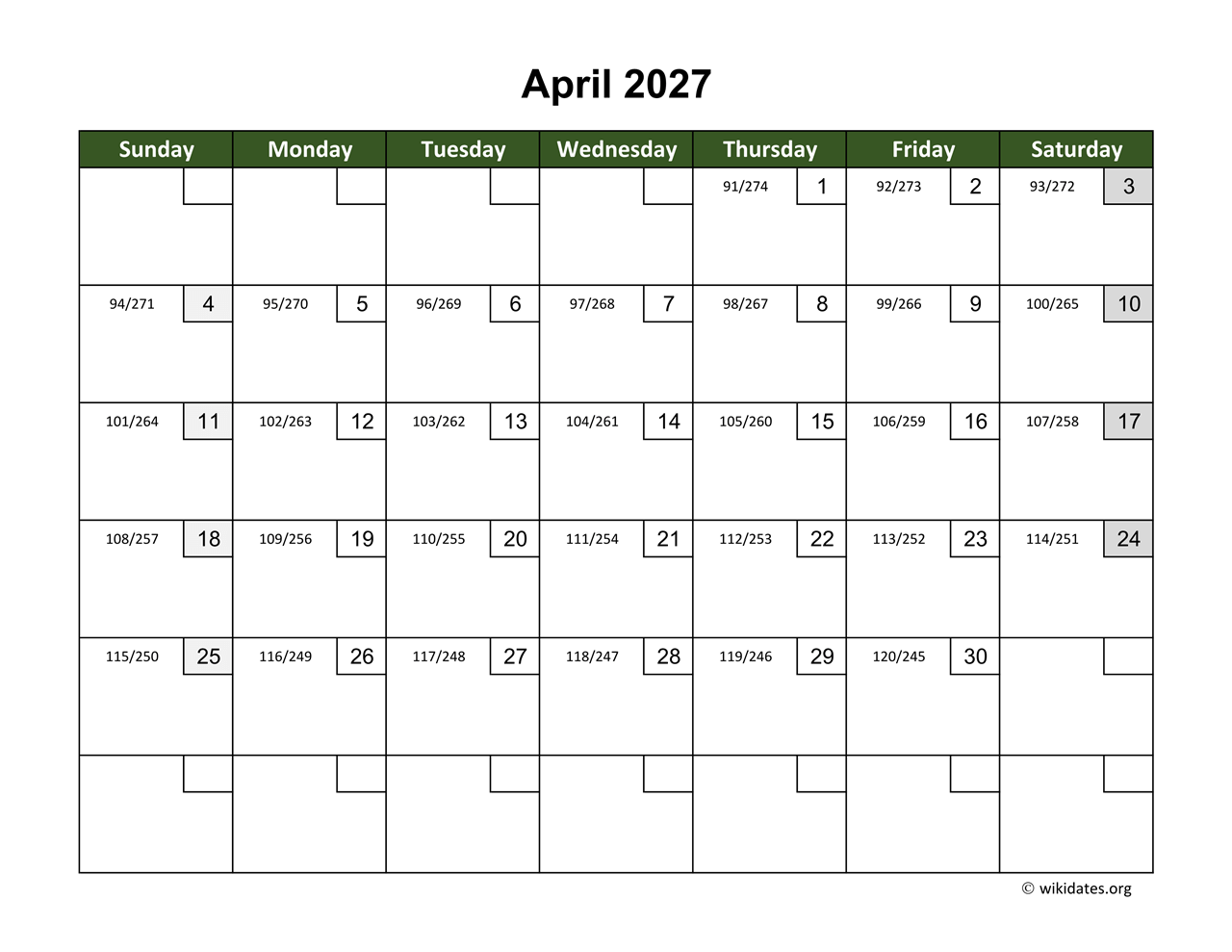 April 2027 Calendar With Day Numbers WikiDates