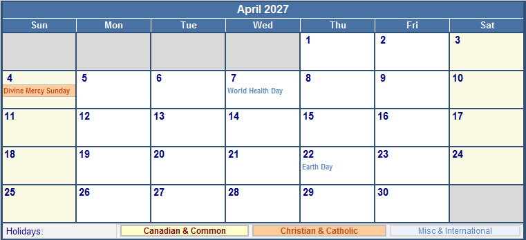 April 2027 Canada Calendar With Holidays For Printing image Format