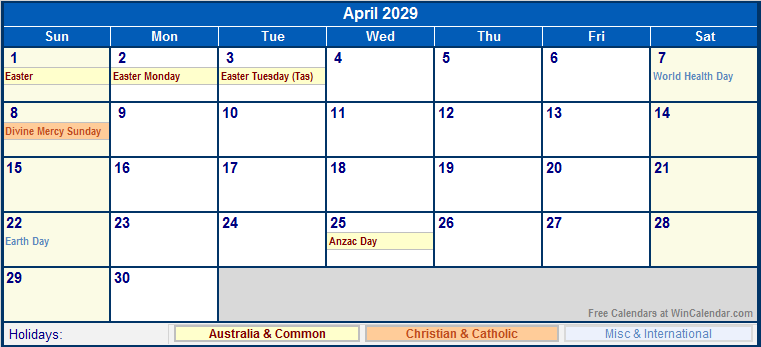 April 2029 Australia Calendar With Holidays For Printing image Format 