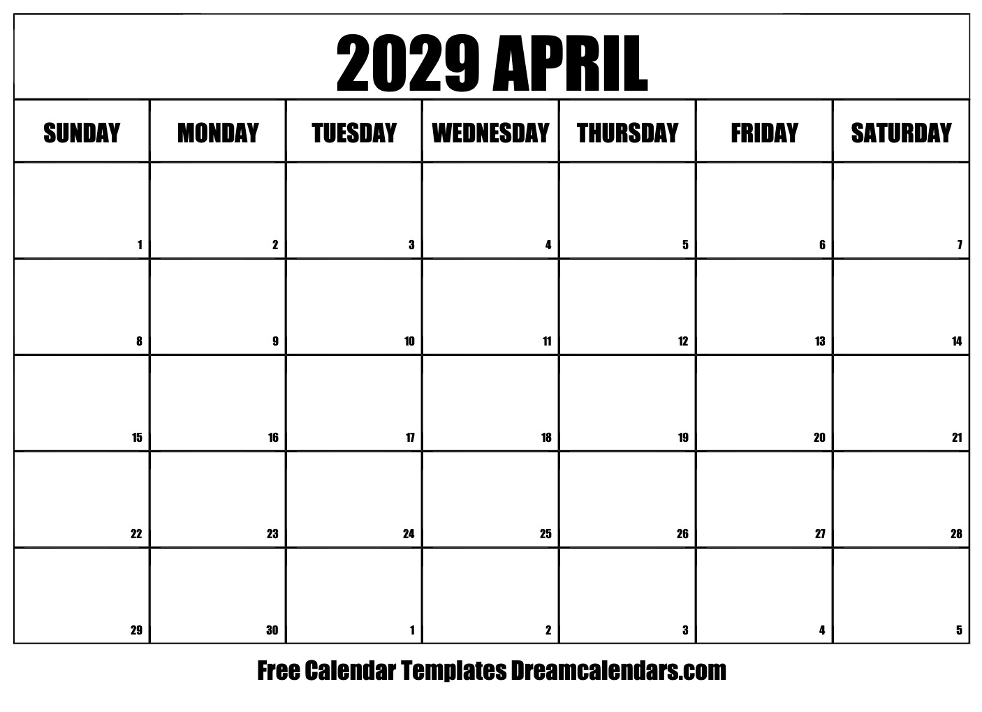 April 2029 Calendar Free Printable With Holidays And Observances
