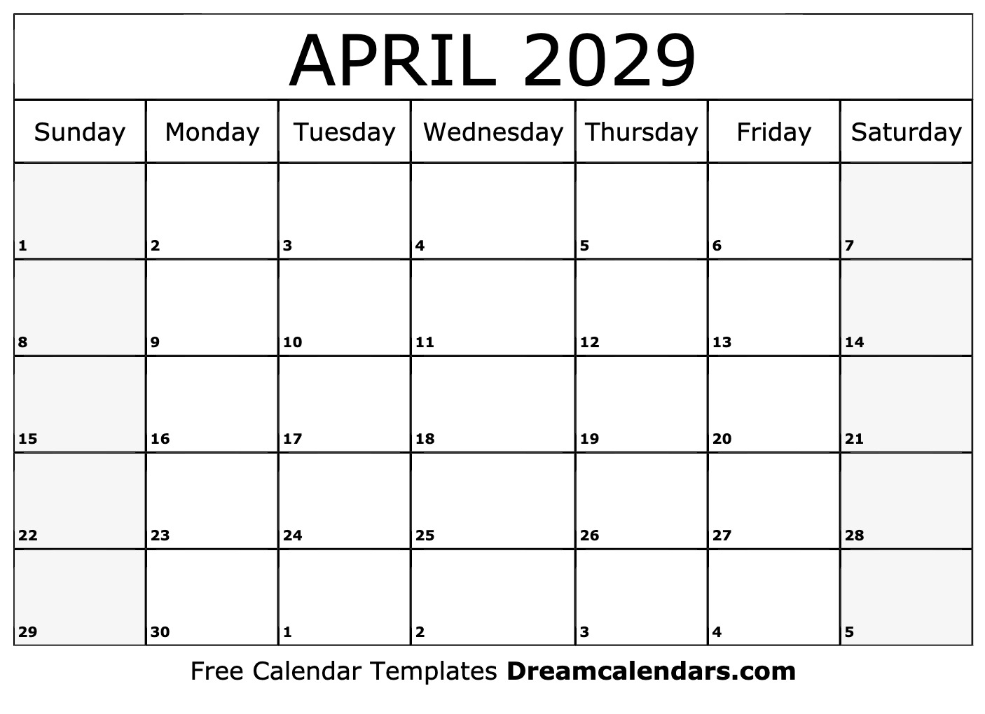 April 2029 Calendar Free Printable With Holidays And Observances