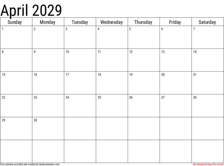 April 2029 Calendar With Holidays Handy Calendars