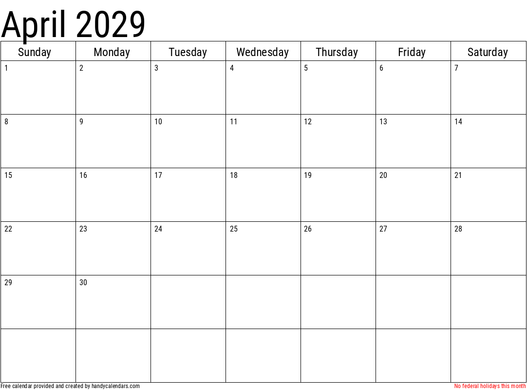 April 2029 Calendar With Holidays Handy Calendars