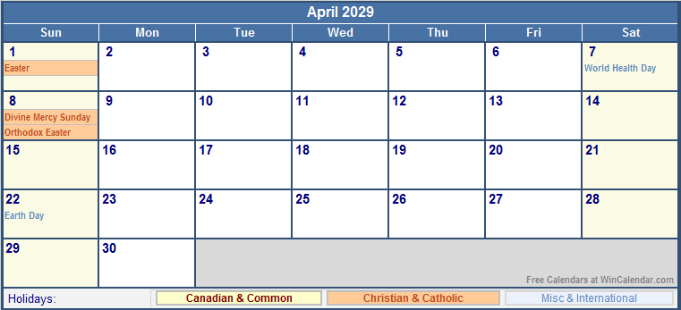 April 2029 Canada Calendar With Holidays For Printing image Format 