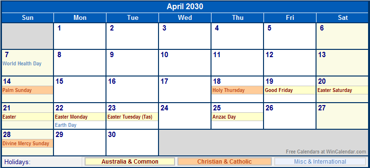 April 2030 Australia Calendar With Holidays For Printing image Format 