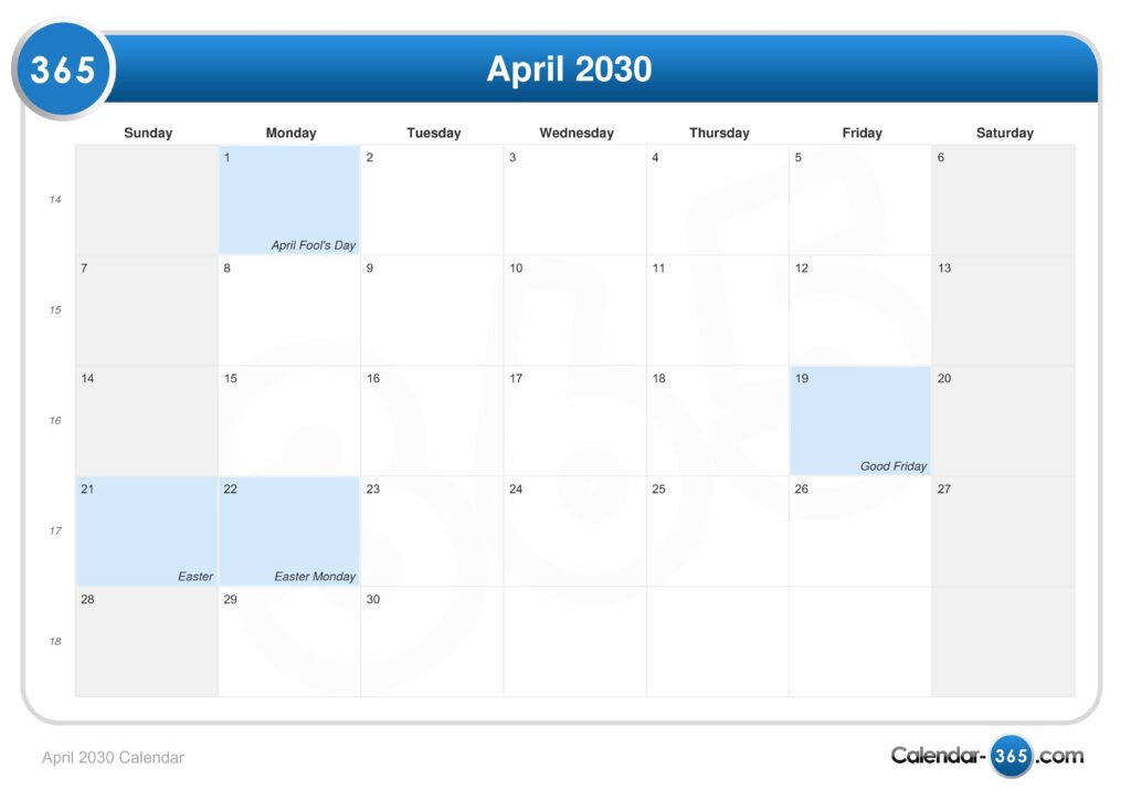 April Calendar 2030 - calendar.mammycares.com