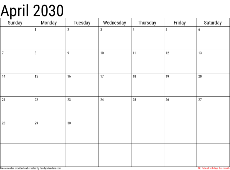 April 2030 Calendar With Holidays Handy Calendars
