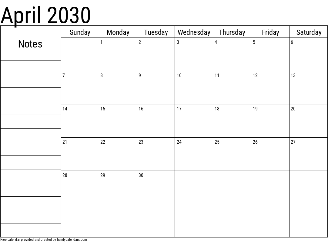 April 2030 Calendar With Notes Handy Calendars