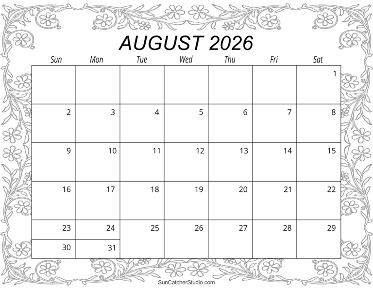 August 2026 Calendar Free Printable DIY Projects Patterns 
