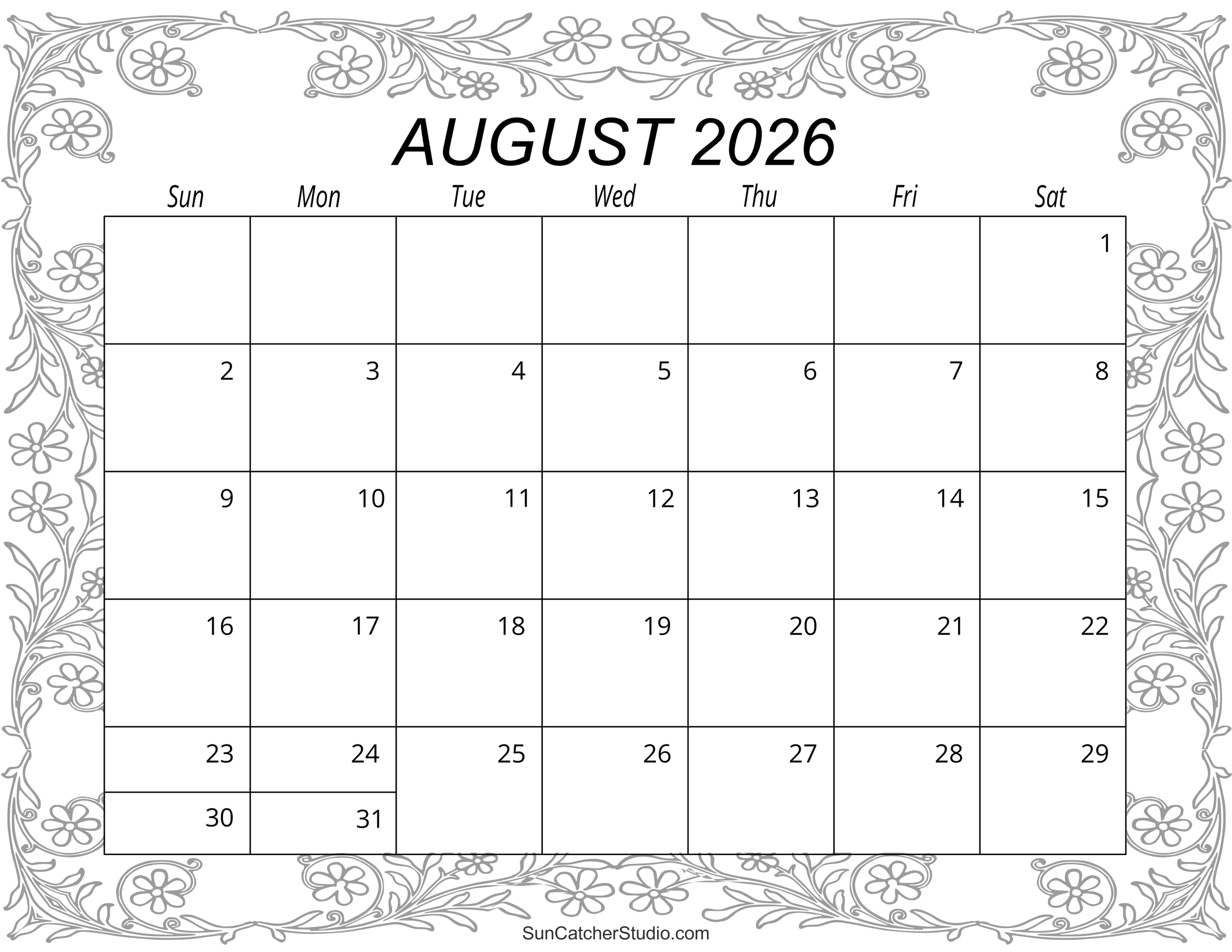 August 2026 Calendar Free Printable DIY Projects Patterns