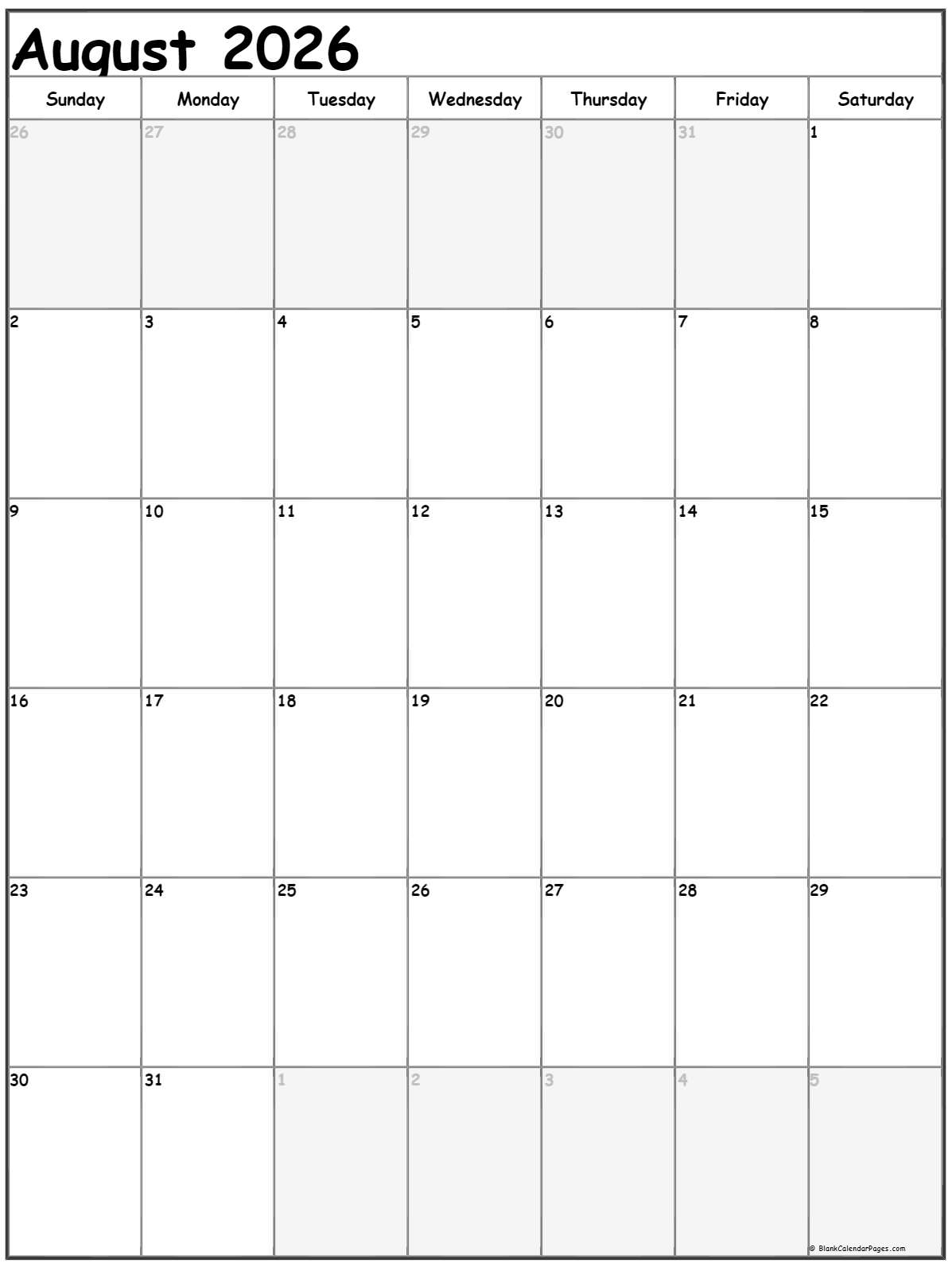 August 2026 Vertical Calendar Portrait