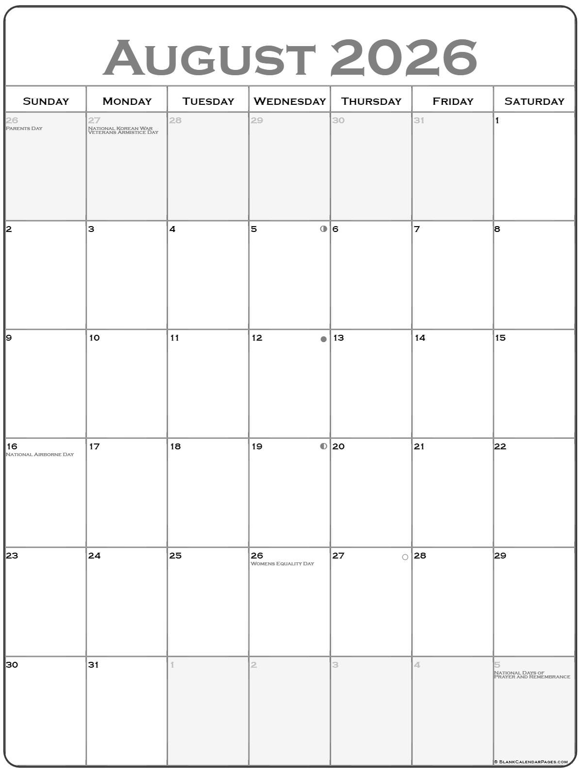 August 2026 Vertical Calendar Portrait