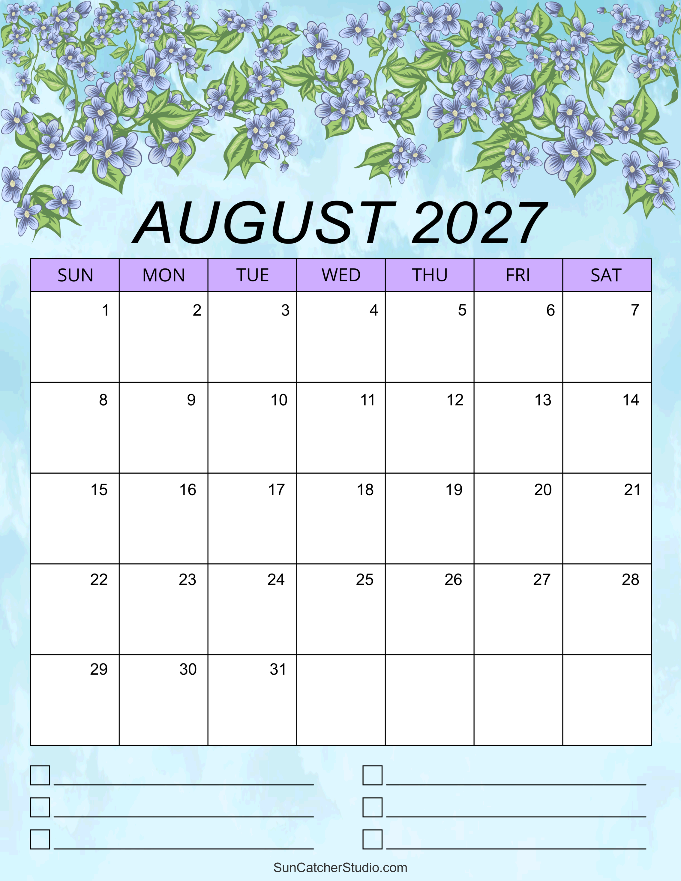 August 2027 Calendar Free Printable DIY Projects Patterns