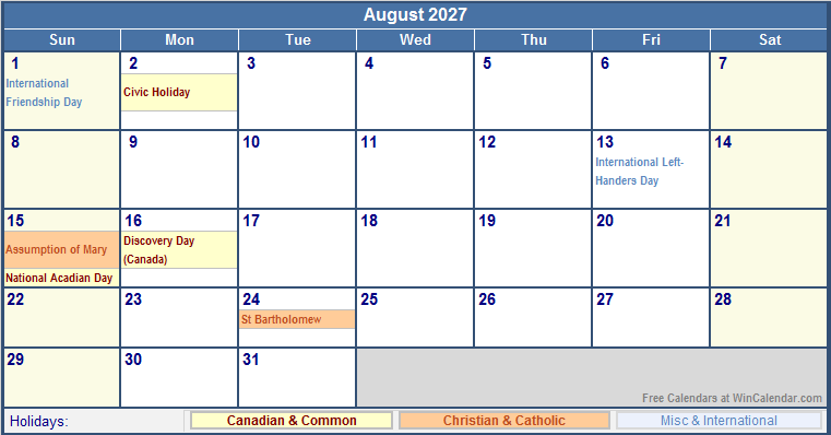 August 2027 Canada Calendar With Holidays For Printing image Format 