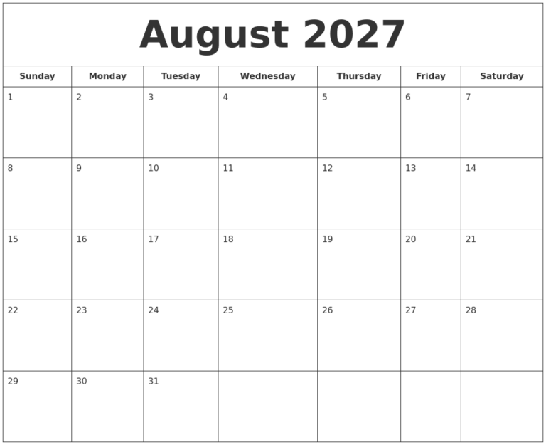 August 2027 Printable Calendar