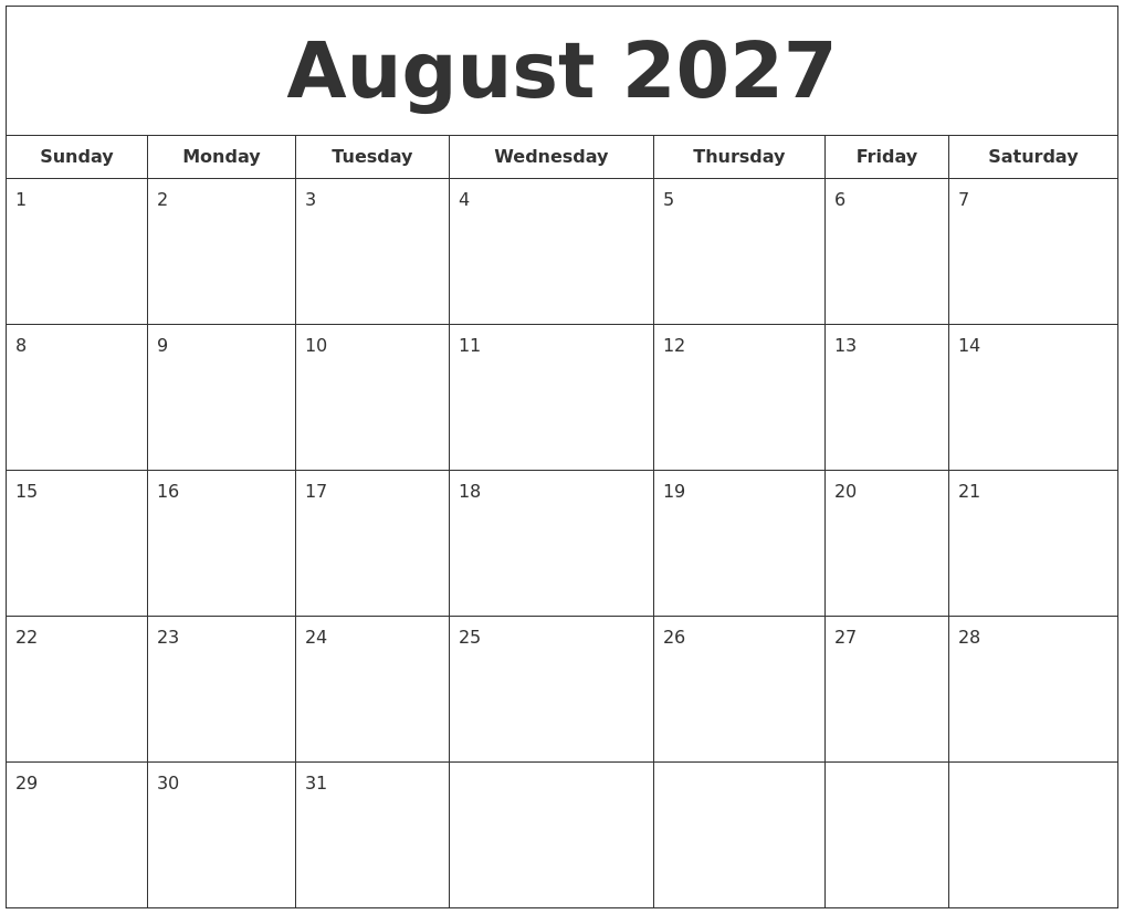 August 2027 Printable Calendar