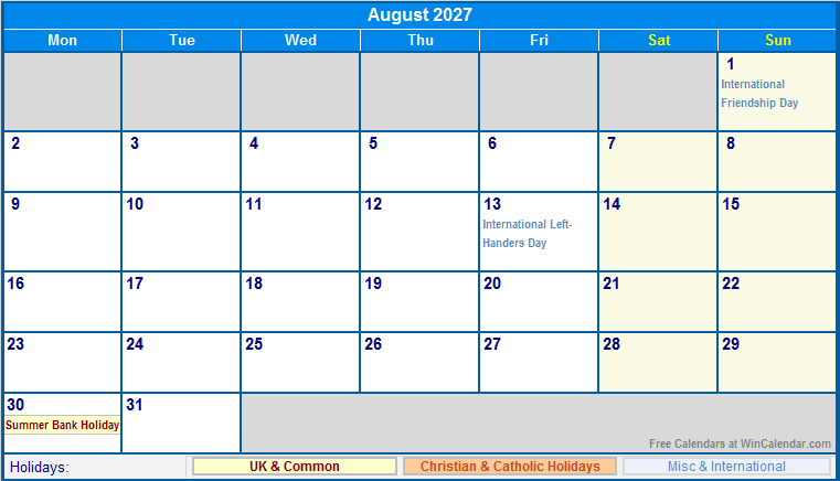 August 2027 UK Calendar With Holidays For Printing image Format 