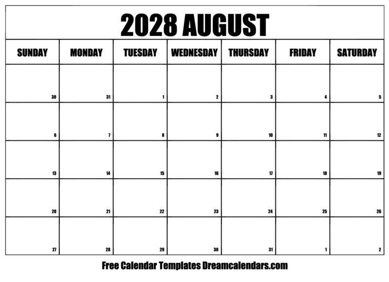 August 2028 Calendar Free Printable With Holidays And Observances