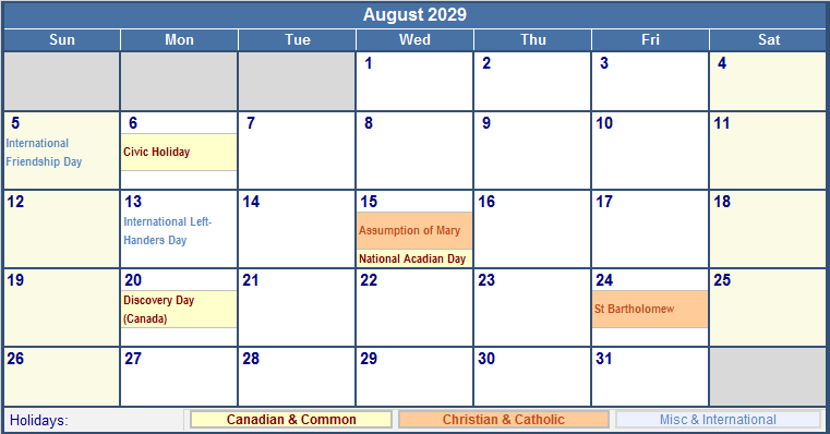 August 2029 Canada Calendar With Holidays For Printing image Format 