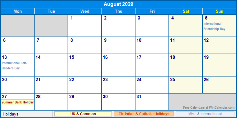 August 2029 UK Calendar With Holidays For Printing image Format 