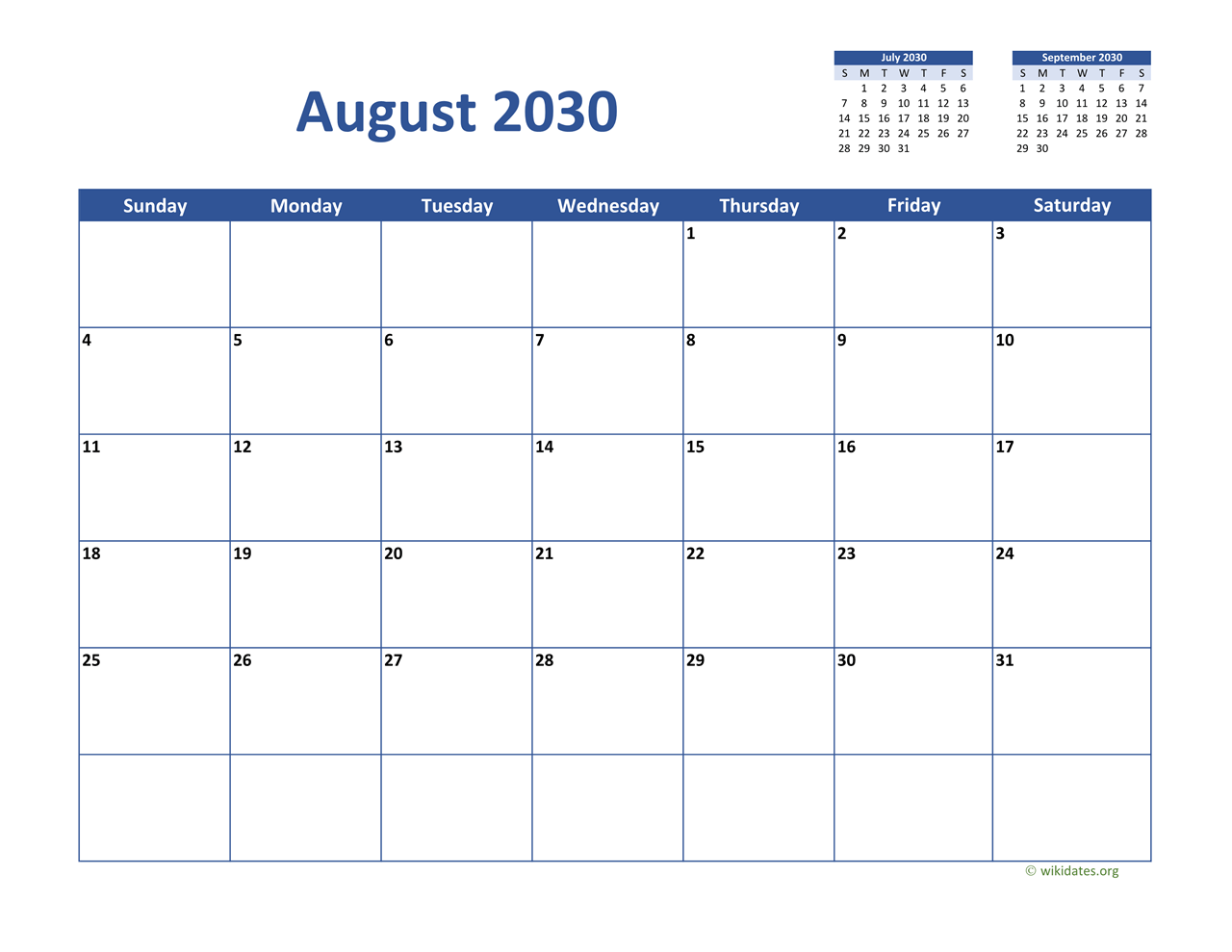 August 2030 Calendar Classic WikiDates