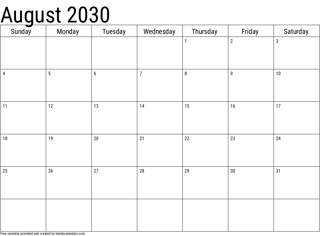 August 2030 Calendar Handy Calendars
