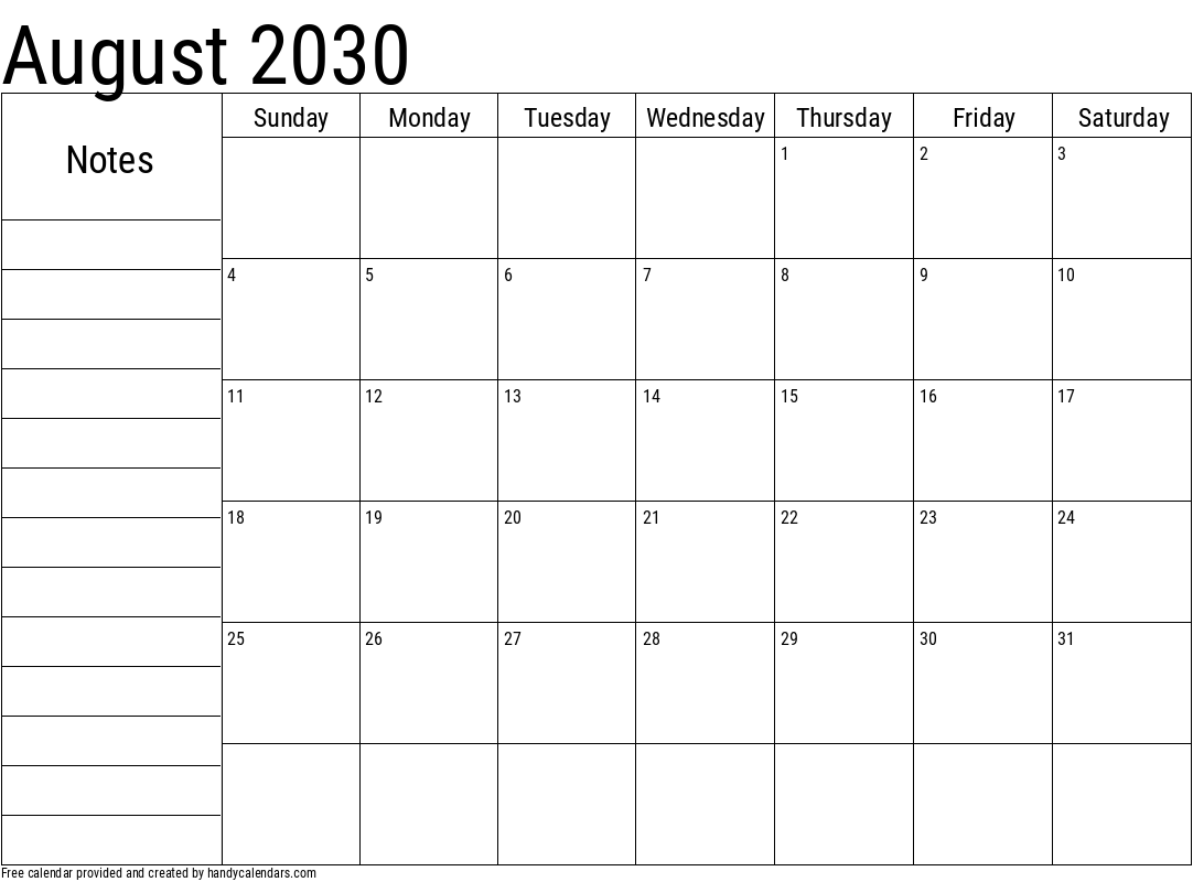 August 2030 Vertical Calendar Handy Calendars