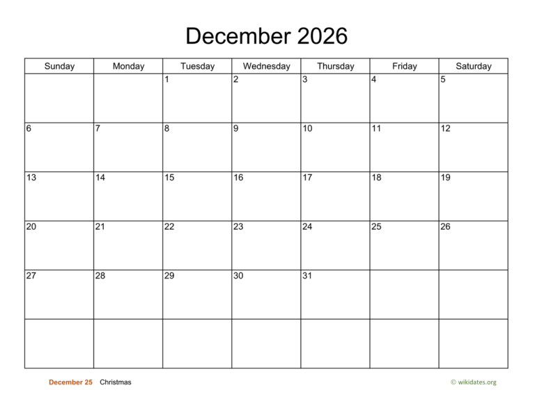 Basic Calendar For December 2026 WikiDates
