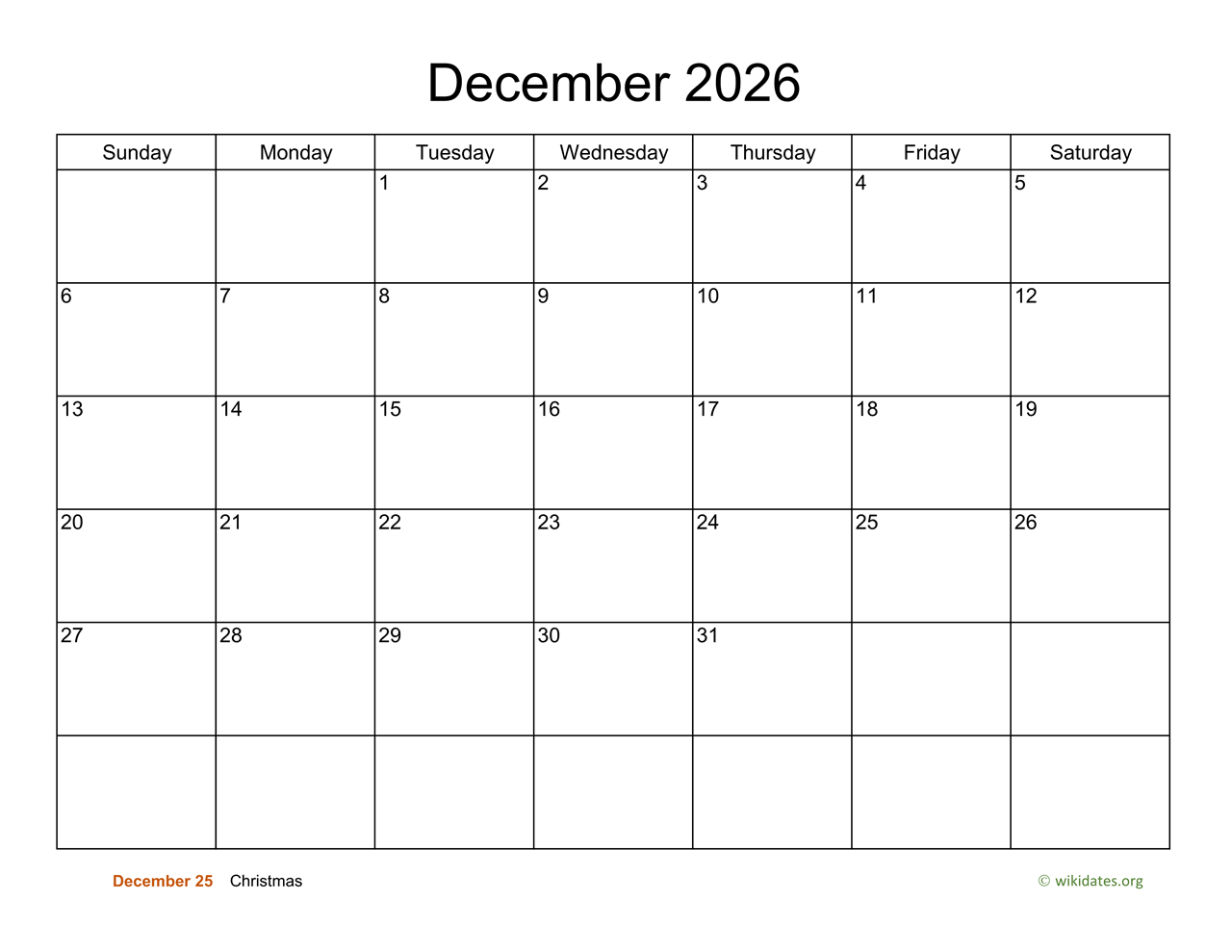 Basic Calendar For December 2026 WikiDates