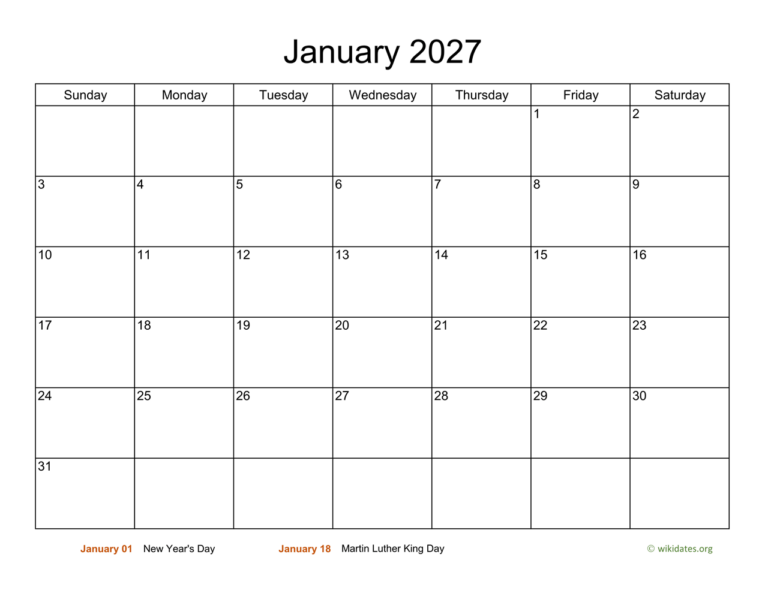 Basic Calendar For January 2027 WikiDates