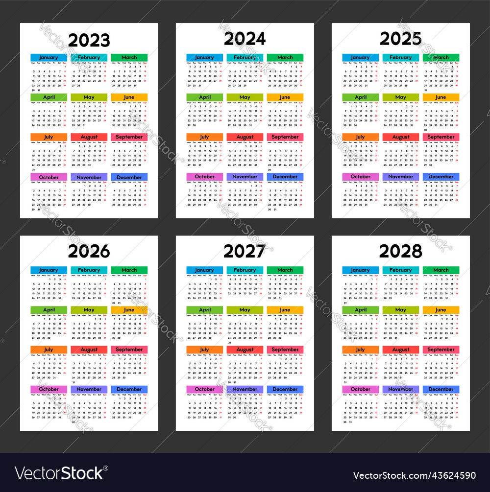 Calendar 2023 2024 2025 2026 2027 2028 Week Vector Image