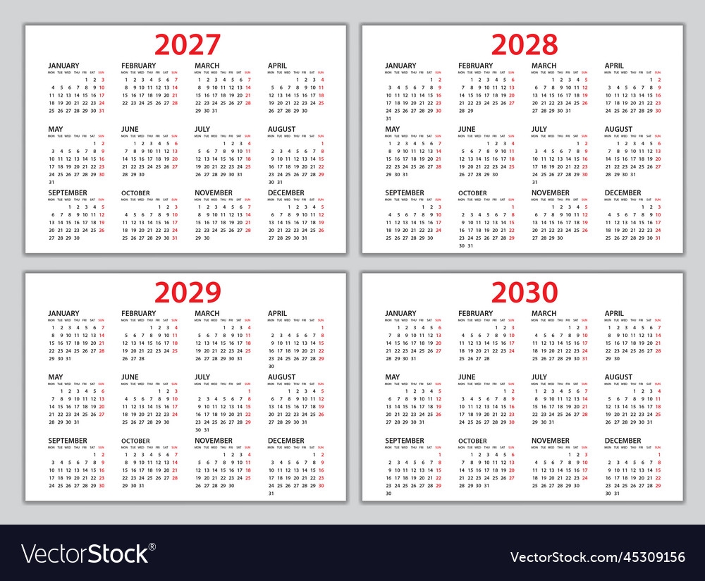 Calendar 2027 2028 2029 2010 Template Planner Vector Image