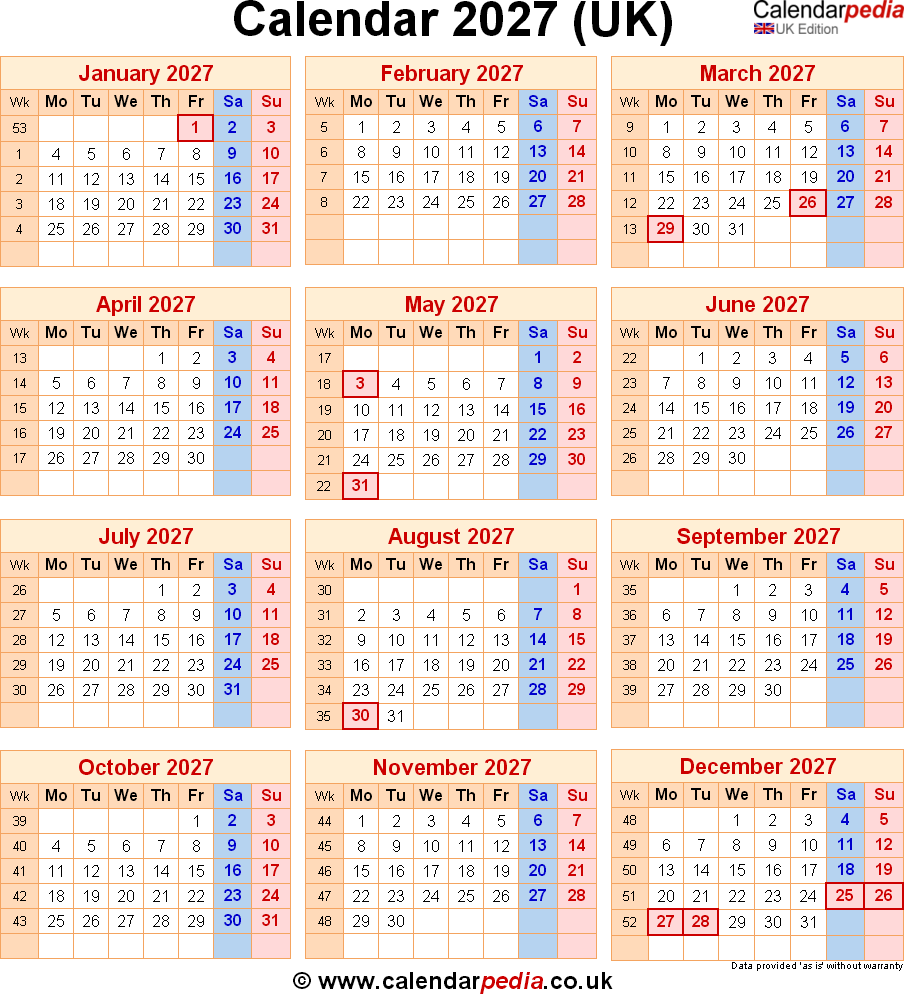 Calendar 2027 UK With Bank Holidays Excel PDF Word Templates
