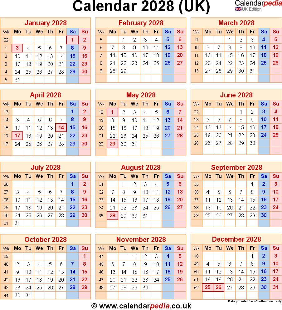 Calendar 2028 UK With Bank Holidays Excel PDF Word Templates