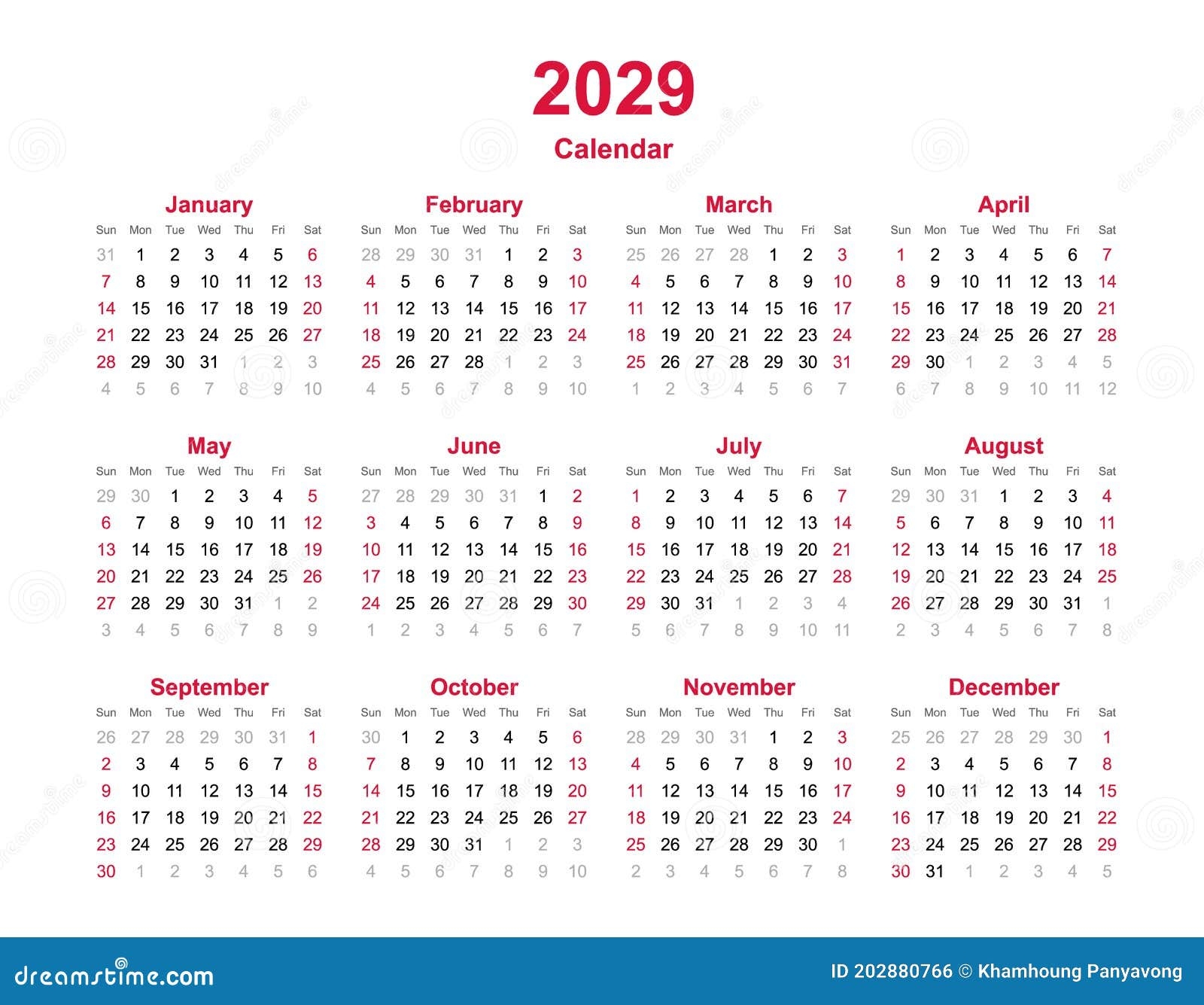 Calendar 2029 12 Months Yearly Vector Calendar In Year 2029 