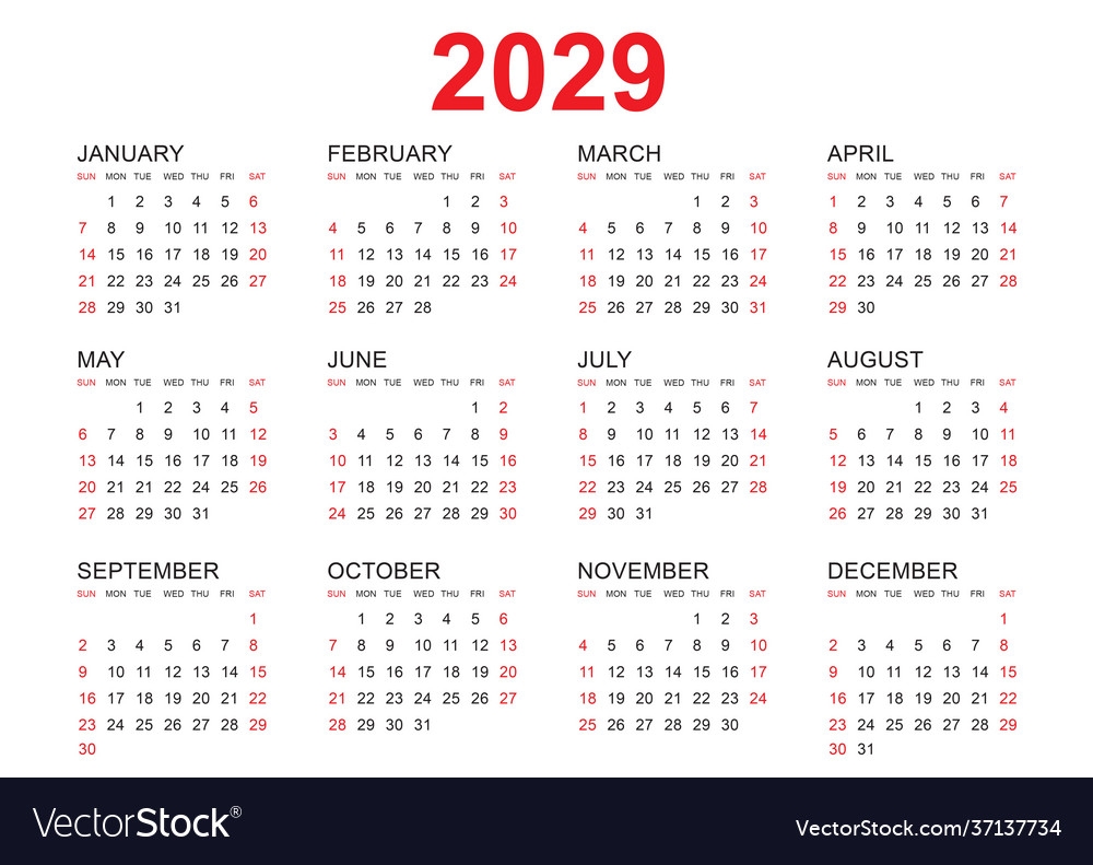 Calendar 2029 Template Simple Royalty Free Vector Image