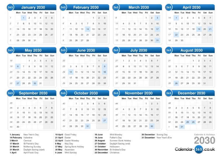 Calendar 2030