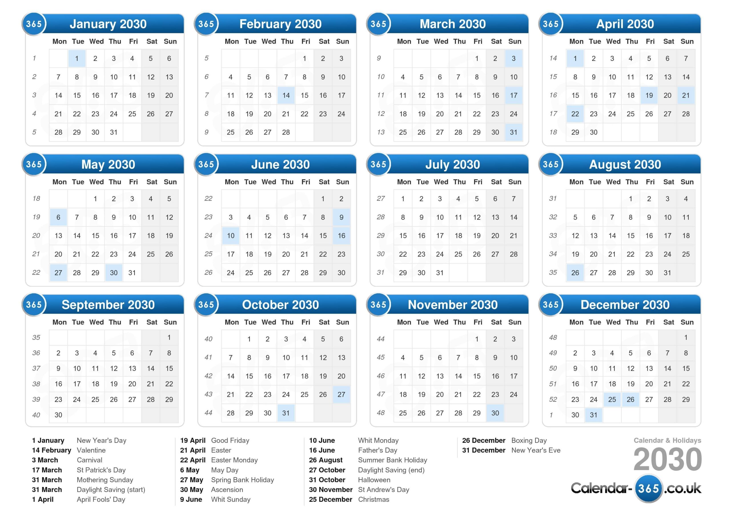 Calendar 2030