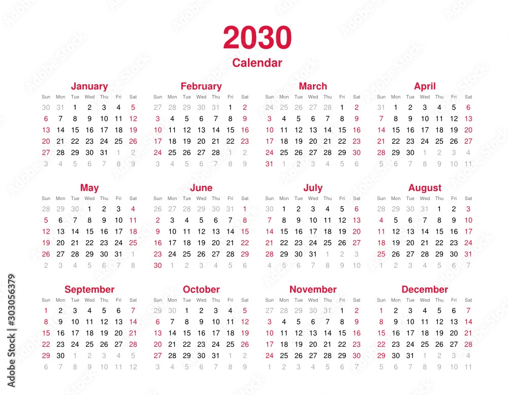 Calendar 2030 12 Months Yearly Vector Calendar In Year 2030 