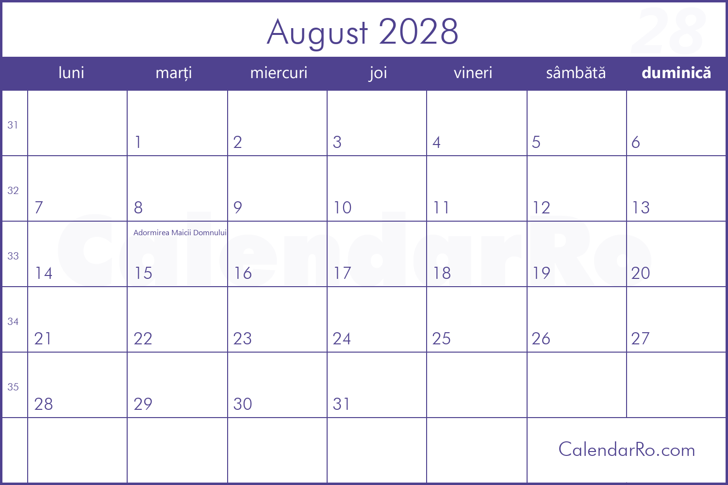 Calendar August 2028