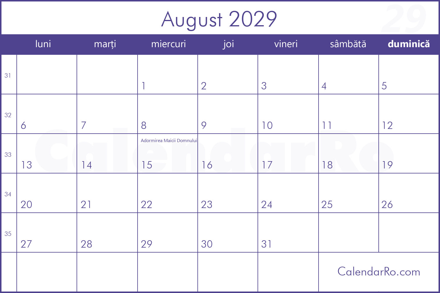 Calendar August 2029