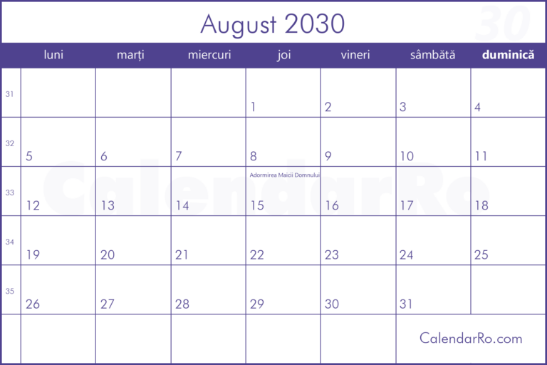 Calendar August 2030