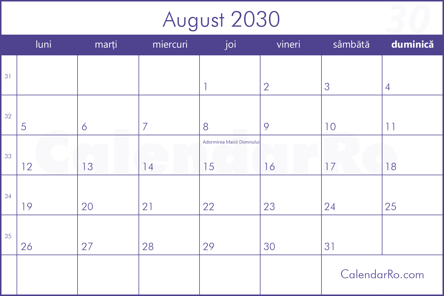 Calendar August 2030