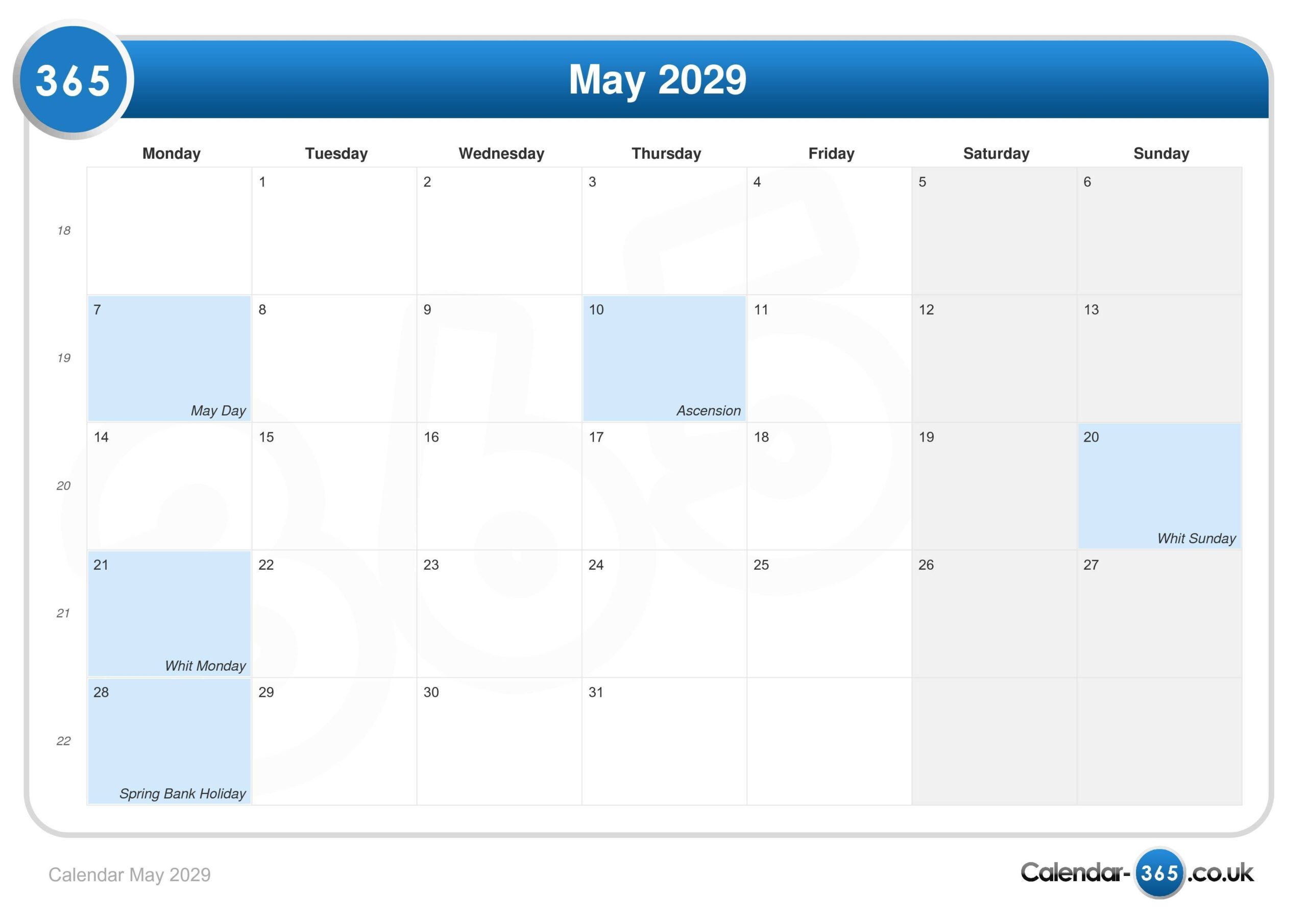 Calendar May 2029