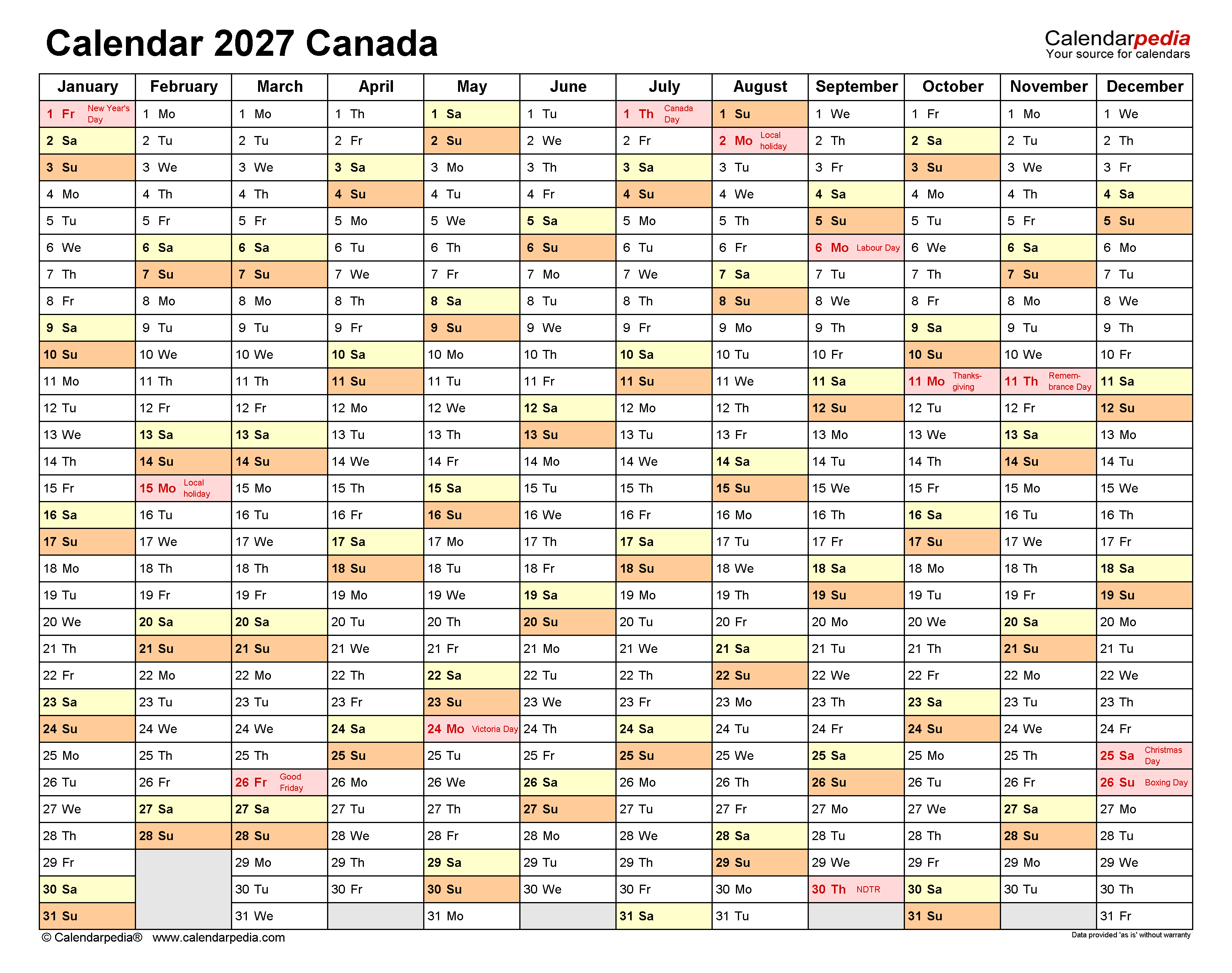 Canada Calendar 2027 Free Printable PDF Templates