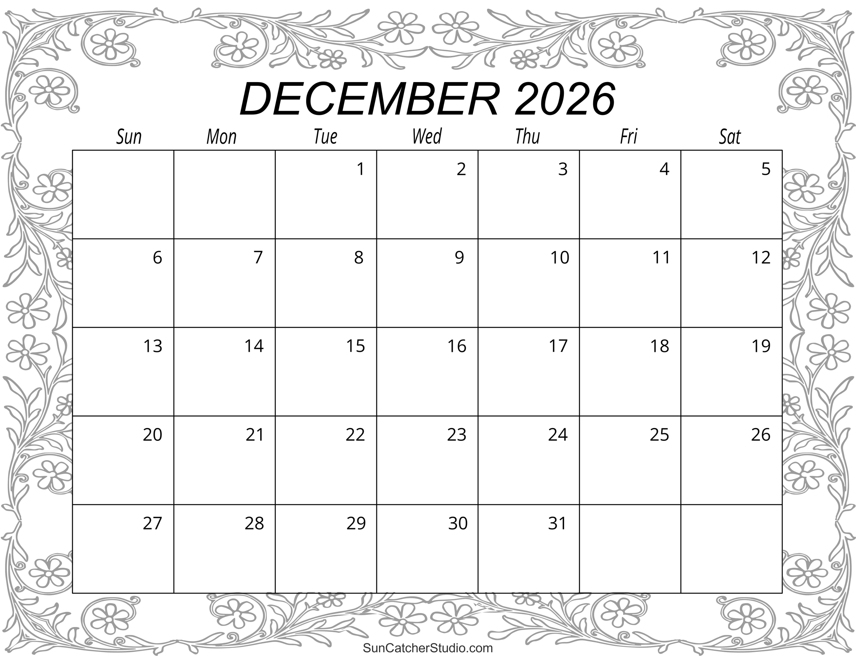 December 2026 Calendar Free Printable DIY Projects Patterns 
